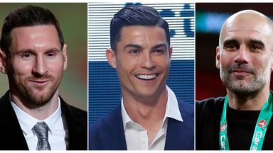 (L-R) Barcelona's Lionel Messi, Juventus star Cristiano Ronaldo and Manchester City manager Pep Guardiola